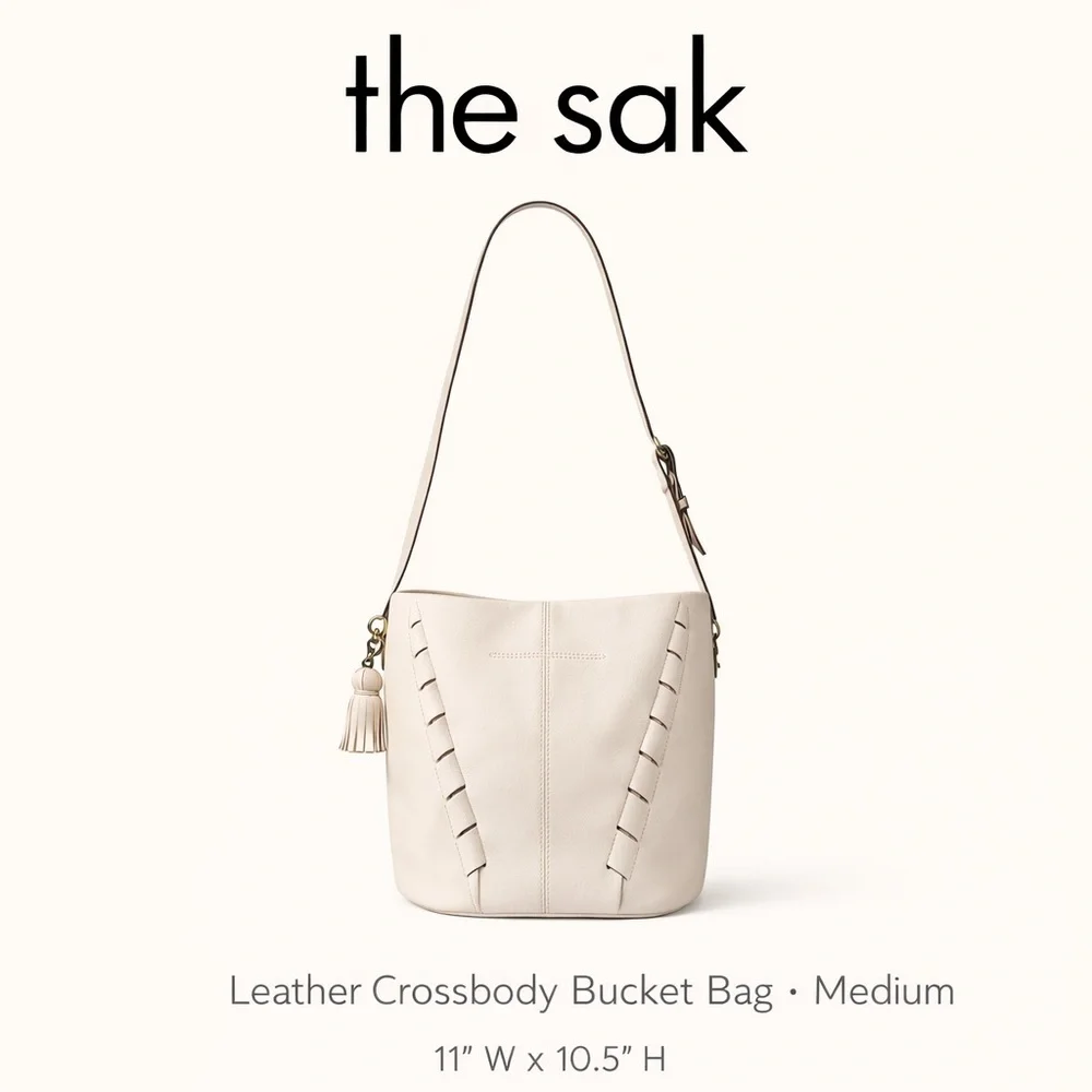The Sak Cream Leather Bucket Bag Tassel Shoulder Bag Boho Minimalist - Picture 10 of 13